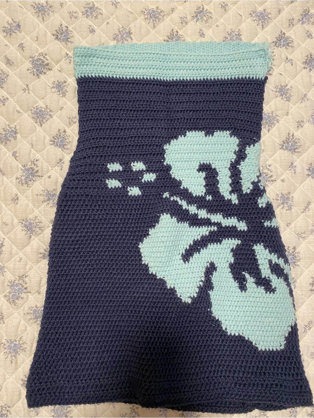 Handmade strapless Women’s Navy & Light Blue Floral Knit dress